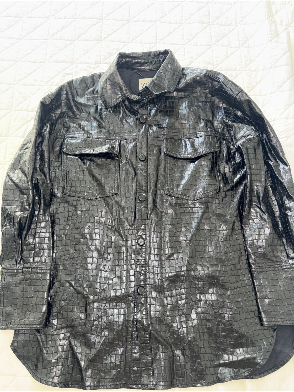 Zara Black Croc-Embossed Button-Up Shirt Jacket